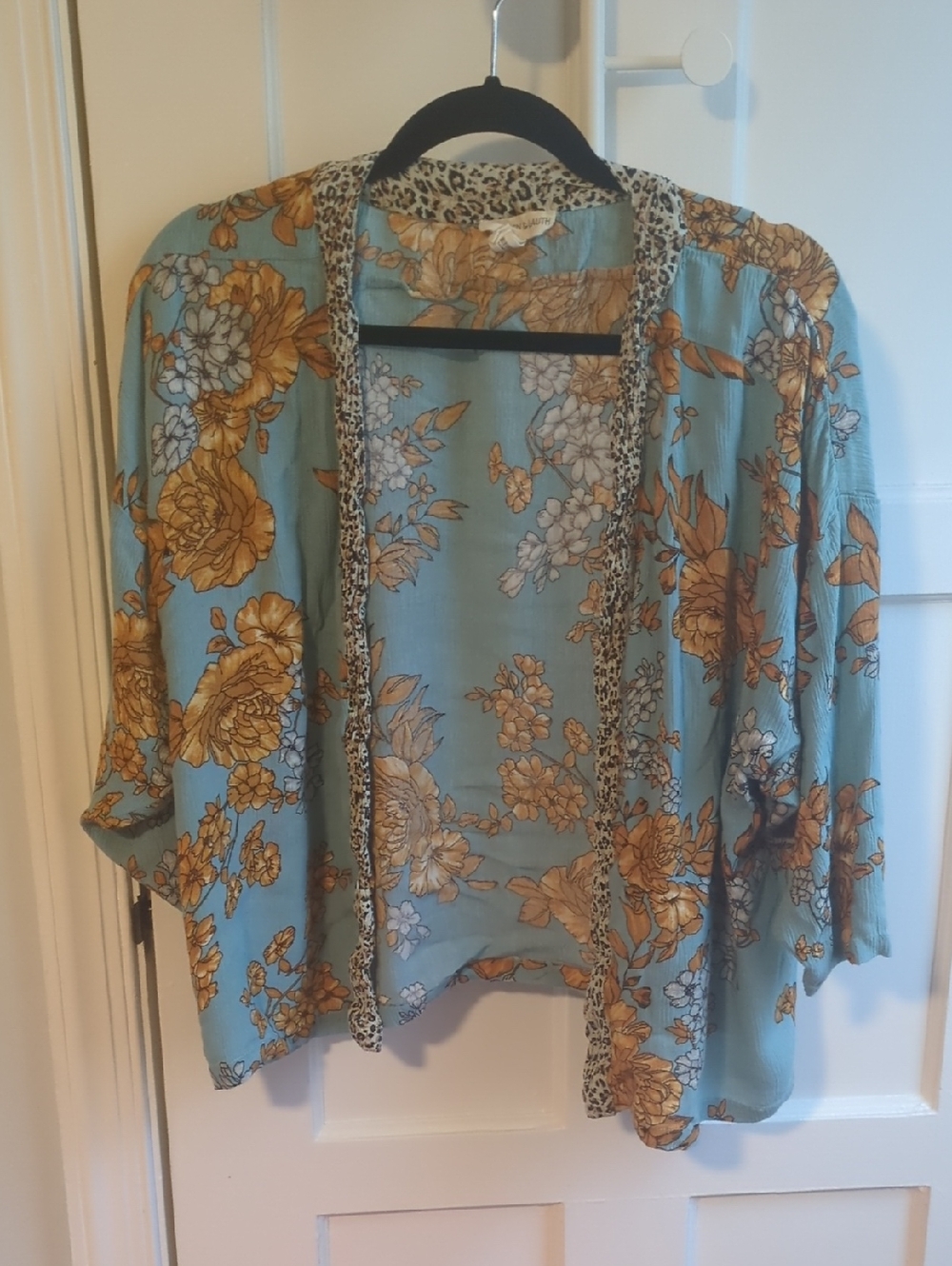 Light Blue Floral Open-Front Shrug with Gold Floral Print